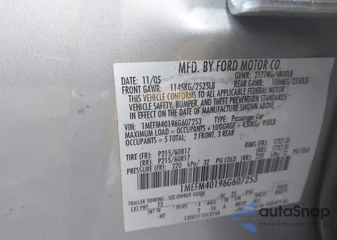 2006 Mercury Montego Luxury from USA, damaged, VIN 1MEFM40196G607253